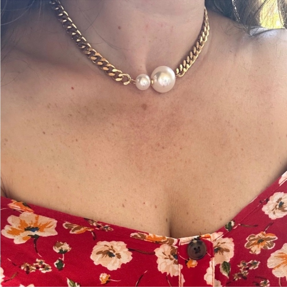 Cuban Link 18k Gold Platec Chain Necklace with Pearls - Picture 2 of 2